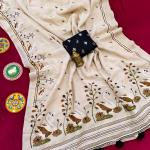 Scrupulous Beige Hand Printed Linen Silk Mirror Work Saree With Fugacious Blouse Piece