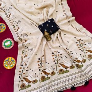 Scrupulous Beige Hand Printed Linen Silk Mirror Work Saree With Fugacious Blouse Piece