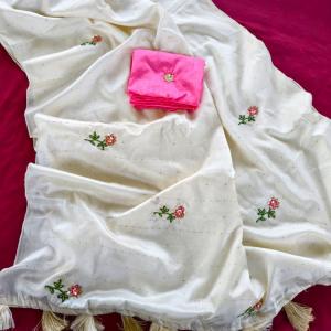 Incredible Off White Embroidery Sequence Work Viscose Silk Saree With Classy Blouse Piece