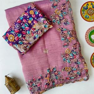 Luminous Pink Embroidery Work Crush Silk Saree With Cynosure Blouse Piece