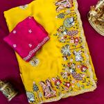 Opulent Yellow Hand Embroidery Work Georgette Saree With Super Extravagant Blouse Piece