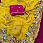Opulent Yellow Hand Embroidery Work Georgette Saree With Super Extravagant Blouse Piece