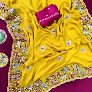 Opulent Yellow Hand Embroidery Work Georgette Saree With Super Extravagant Blouse Piece