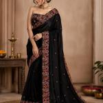 Girlish Black Embroidery Work Pure Georgette Saree With Splendorous Blouse Piece