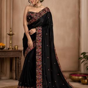 Girlish Black Embroidery Work Pure Georgette Saree With Splendorous Blouse Piece