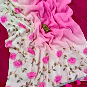 Whimsical Pink Handwork Linen Silk Printed Saree With Traditional Blouse Piece