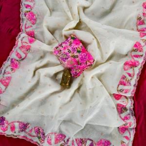 Seraglio Off White Embroidery Work Kota Doriya Silk Saree With Splendorous Blouse Piece