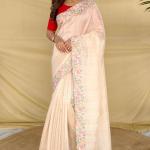 Petrichor Beige Embroidery Work Tussar Silk Saree With Embellished Blouse Piece