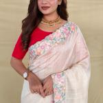 Petrichor Beige Embroidery Work Tussar Silk Saree With Embellished Blouse Piece