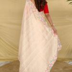 Petrichor Beige Embroidery Work Tussar Silk Saree With Embellished Blouse Piece