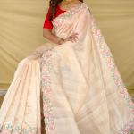 Petrichor Beige Embroidery Work Tussar Silk Saree With Embellished Blouse Piece