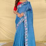 Posh Firozi Embroidery Work Tussar Silk Saree With Pretty Blouse Piece