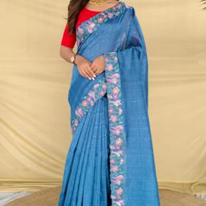 Posh Firozi Embroidery Work Tussar Silk Saree With Pretty Blouse Piece