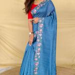 Posh Firozi Embroidery Work Tussar Silk Saree With Pretty Blouse Piece