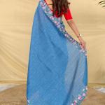 Posh Firozi Embroidery Work Tussar Silk Saree With Pretty Blouse Piece