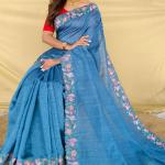 Posh Firozi Embroidery Work Tussar Silk Saree With Pretty Blouse Piece