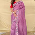 Unique Lavender Embroidery Work Tussar Silk Saree With Diaphanous Blouse Piece