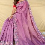 Unique Lavender Embroidery Work Tussar Silk Saree With Diaphanous Blouse Piece