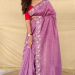 Unique Lavender Embroidery Work Tussar Silk Saree With Diaphanous Blouse Piece