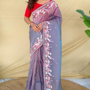 Elaborate Blue Embroidery Work Fandy Silk Saree With Denouement Blouse Piece