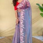 Elaborate Blue Embroidery Work Fandy Silk Saree With Denouement Blouse Piece