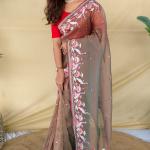 Stunning Grey Embroidery Work Fandy Silk Saree With Palimpsest Blouse Piece