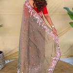 Stunning Grey Embroidery Work Fandy Silk Saree With Palimpsest Blouse Piece