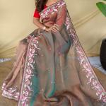 Stunning Grey Embroidery Work Fandy Silk Saree With Palimpsest Blouse Piece