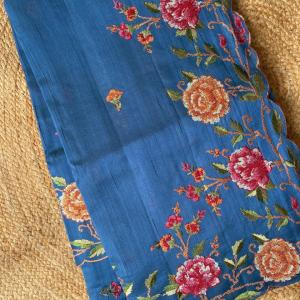 Vibrant Blue Embroidery Work Tussar Silk Saree With Verdant Blouse Piece