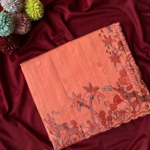 Luxuriant Peach Embroidery Work Tussar Silk Saree With Wonderful Blouse Piece