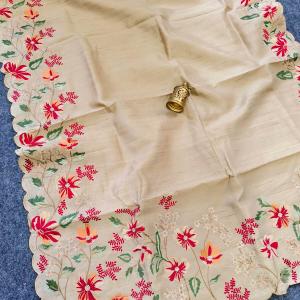 Evocative Beige Embroidery Work Tussar Silk Saree With Staggering Blouse Piece