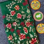 Scintillating Dark Green Embroidery Work Tussar Silk Saree With Luminous Blouse Piece