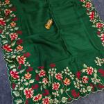 Scintillating Dark Green Embroidery Work Tussar Silk Saree With Luminous Blouse Piece