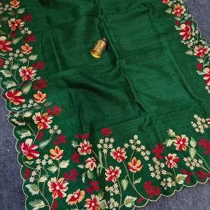 Scintillating Dark Green Embroidery Work Tussar Silk Saree With Luminous Blouse Piece