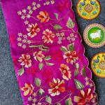 Prettiest Purple Embroidery Work Tussar Silk Saree With Verdant Blouse Piece