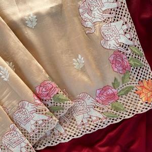 Inimitable Beige Embroidery Work Tussar Silk Saree With Sonorous Blouse Piece