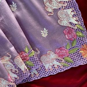 Glorious Lavender Embroidery Work Tussar Silk Saree With Classy Blouse Piece