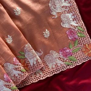 Wonderful Peach Embroidery Work Tussar Silk Saree With Radiant Blouse Piece