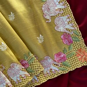 Nebula Yellow Embroidery Work Tussar Silk Saree With Splendorous Blouse Piece