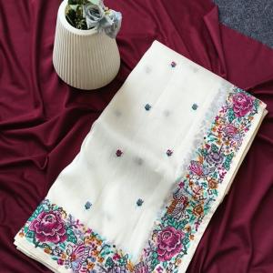 Stunner Off White Embroidery Work Tissue Silk Saree With Smashing Blouse Piece