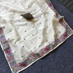 Stunner Off White Embroidery Work Tissue Silk Saree With Smashing Blouse Piece