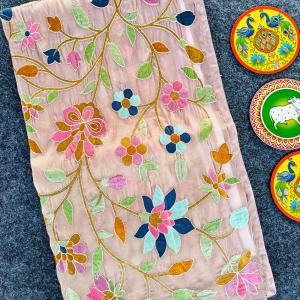 Ineffable Baby Pink Embroidery Work Tissue Silk Saree With Tremendous Blouse Piece