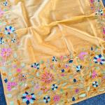 Pleasant Peach Embroidery Work Tissue Silk Saree With Tantalizing Blouse Piece
