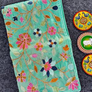 Prodigal Turquoise Embroidery Work Tissue Silk Saree With Majesty Blouse Piece