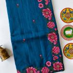 Susurrous Blue Embroidery Work Tussar Silk Saree With Glamorous Blouse Piece