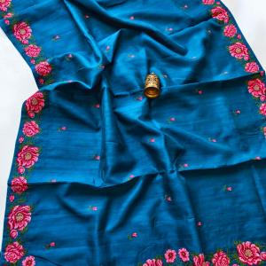 Susurrous Blue Embroidery Work Tussar Silk Saree With Glamorous Blouse Piece