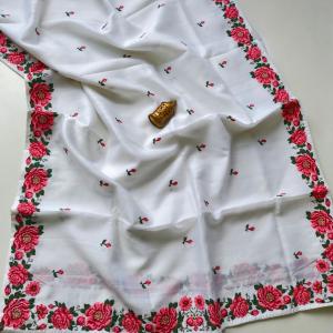 Lustrous Off White Embroidery Work Tussar Silk Saree With Beguiling Blouse Piece