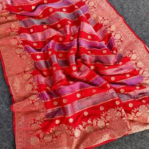 Rhapsody Red Pure Viscose Banrasi Silk Saree With Classic Blouse Piece