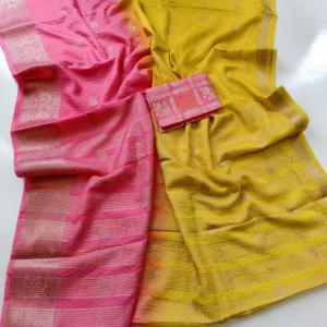 Gratifying Yellow and Pink Pure Banarasi Silk Saree With Embrocation Blouse Piece