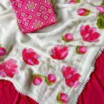 Mesmerising Off White Handwork Crush Silk Saree With Magnificat Blouse Piece